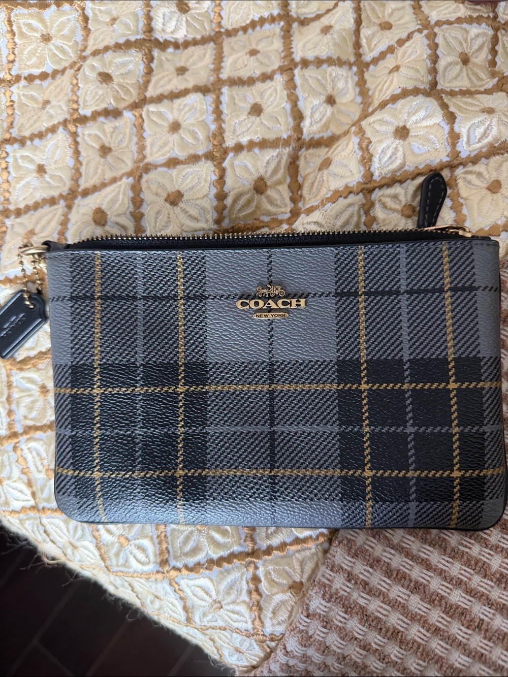 COACH Black and Gray Plaid Zip Pouch with Gold Logo